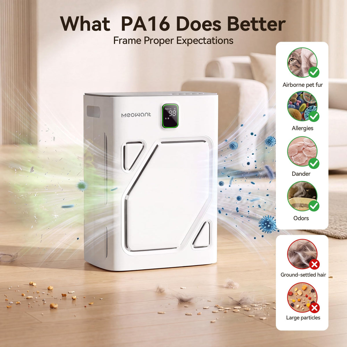 Meowant Pet Air Purifier for Home, Dual-sided Intake Air Purifier