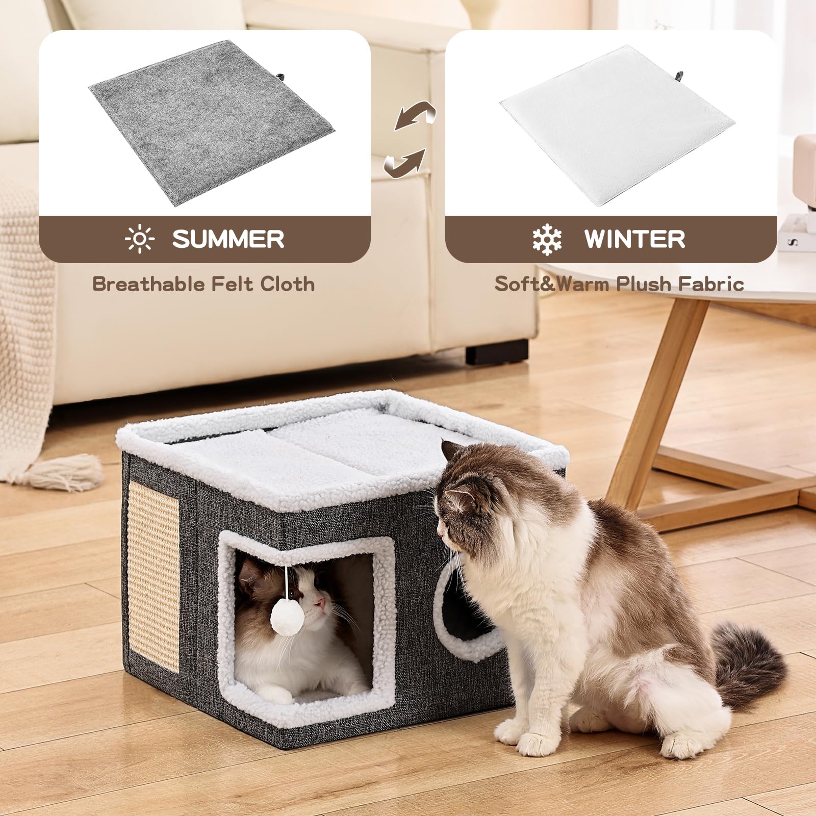 Crispedia Large Cat Houses for Indoor Cats with Fluffy Ball and Scratch Pad