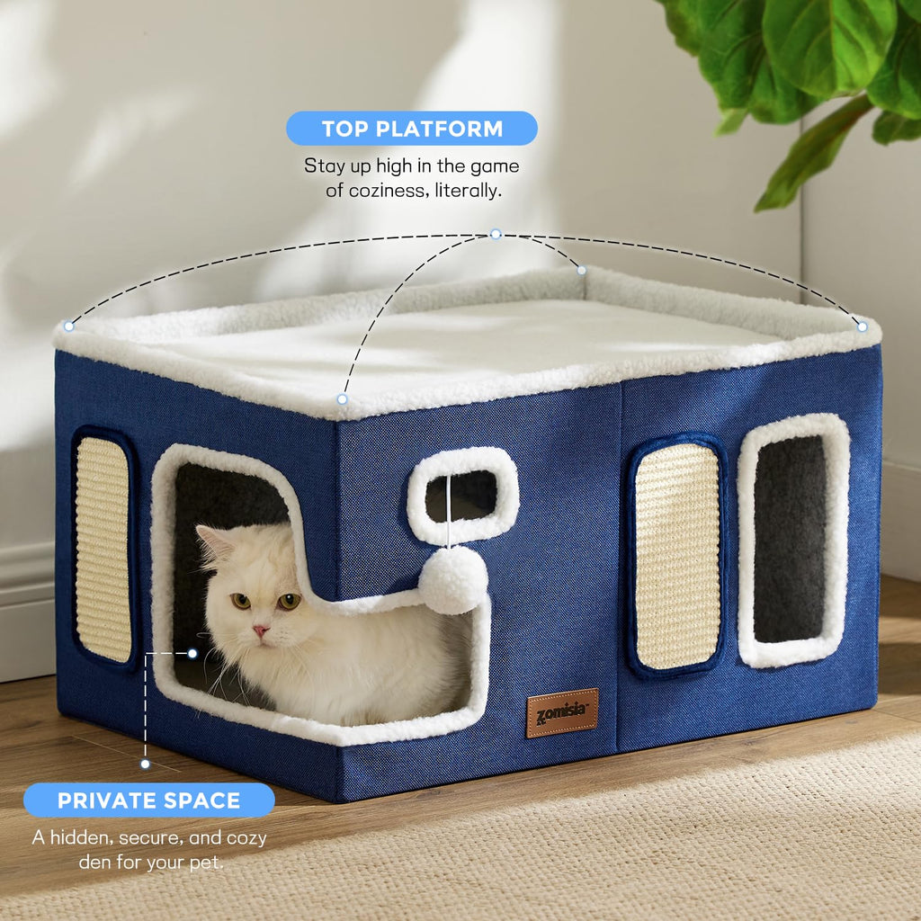 ZOMISIA Heated Cat House for Indoor Cats - Large Cat Warming Bed for Winter with Fluffy Ball Hanging and Adjustable Heating Pad, Foldable Cat Hideaway,23x16.5x13 inches, Navy Blue
