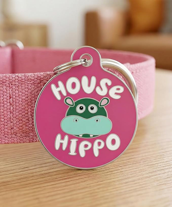 Bad Tags Personalized Dog and Cat ID Tags in 25+ Designs and 2 Sizes - 5 Lines of Custom Engraved Text - Funny Cute Personalized Pet Tags (House Hippo - Pink, Large (1.25 inch))