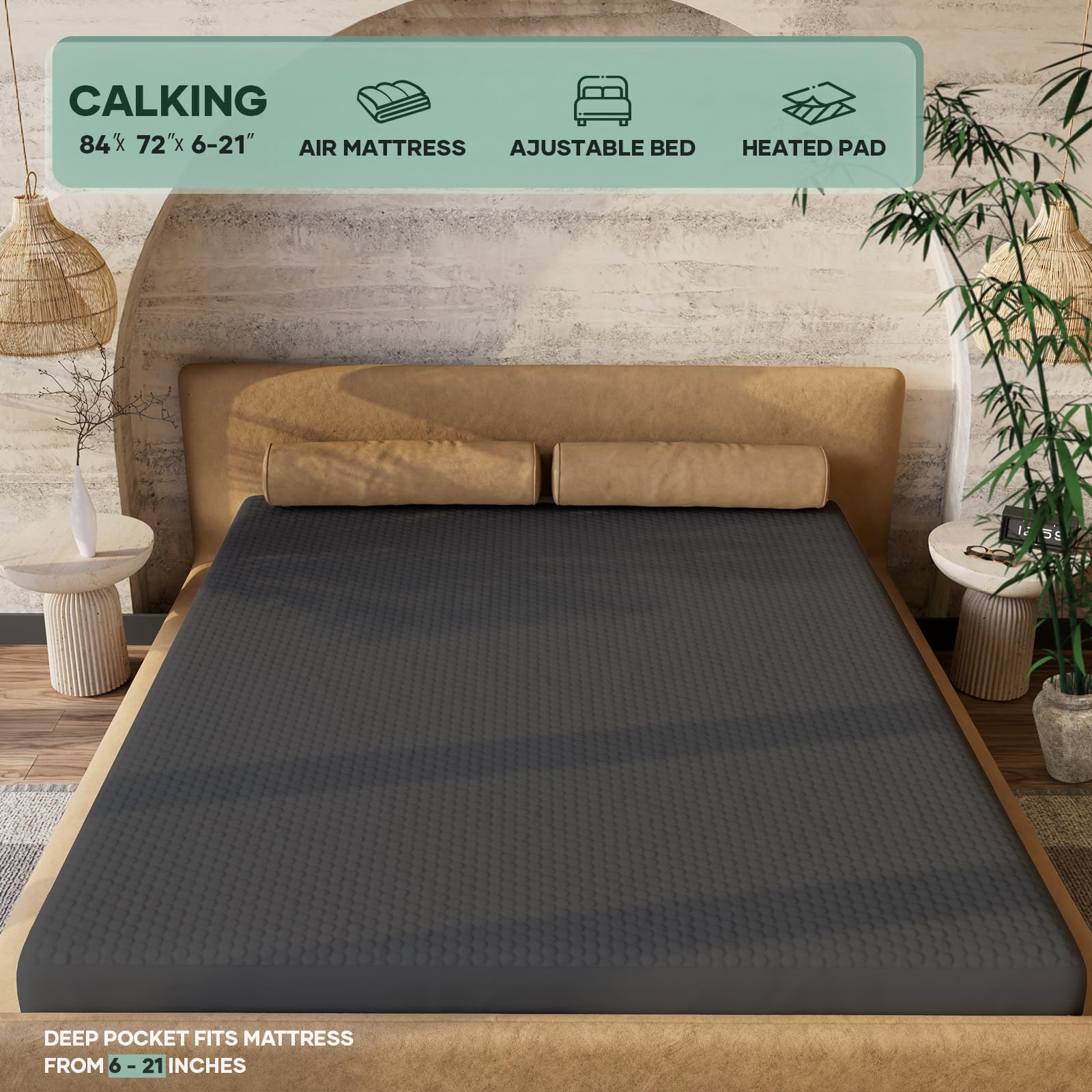 OhGeni 100% Waterproof Mattress Protector, California King-Gray, Fits 6"-20" Mattresses Deep Pocket, Cooling for Taller Person, Breathable Fitted Sheets, Washable Bed Cover Over 99 Count Hex Bumps