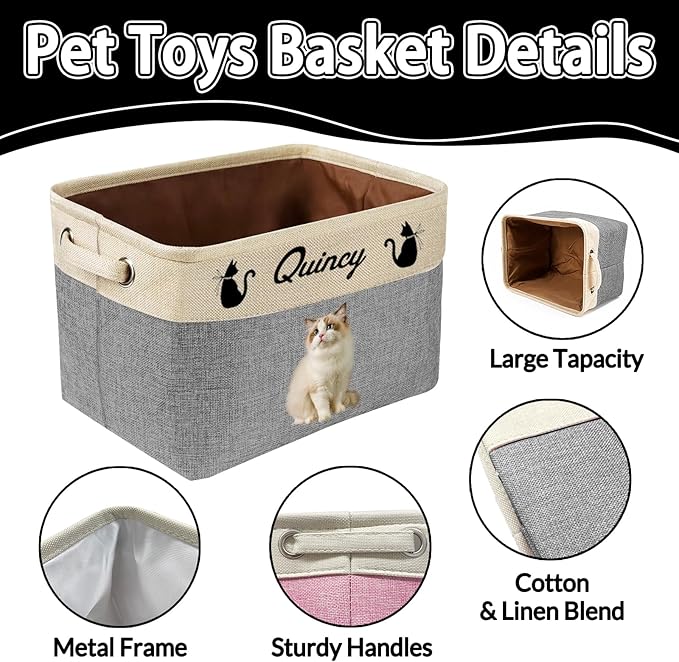 Personalized Dog Toy Storage Basket Custom Dog Name Photo Cat Pet's Gift Baskets Collapsible Organizer Box Foldable Storage Basket with Handle for Toys, Coats, Clothing, Blankets, Brown