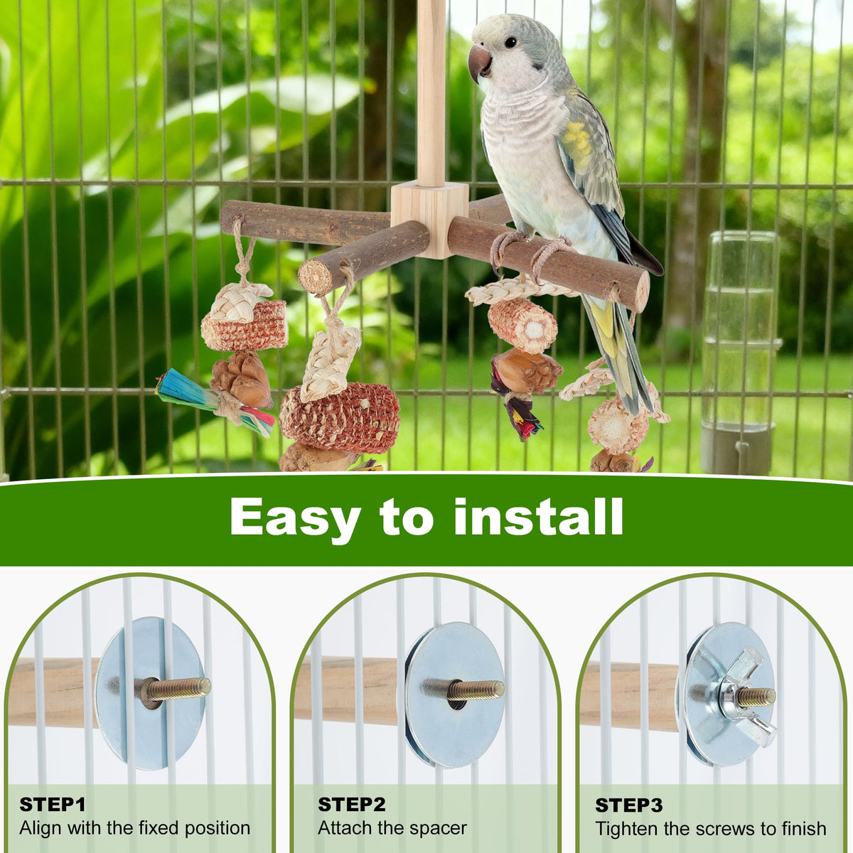 RENEWREVITAL Rotating Bird Perches, Natural Wooden Perch with Chew Toy, Bird Toys for Small & Medium Birds, Large, Natural Wood Color, 1 Set