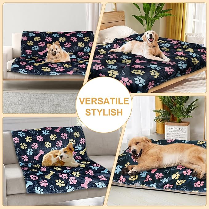 Gowyeg Dog Blanket for Large Dogs, Soft Flannel Cute Paw Navy Blue 50"x40"