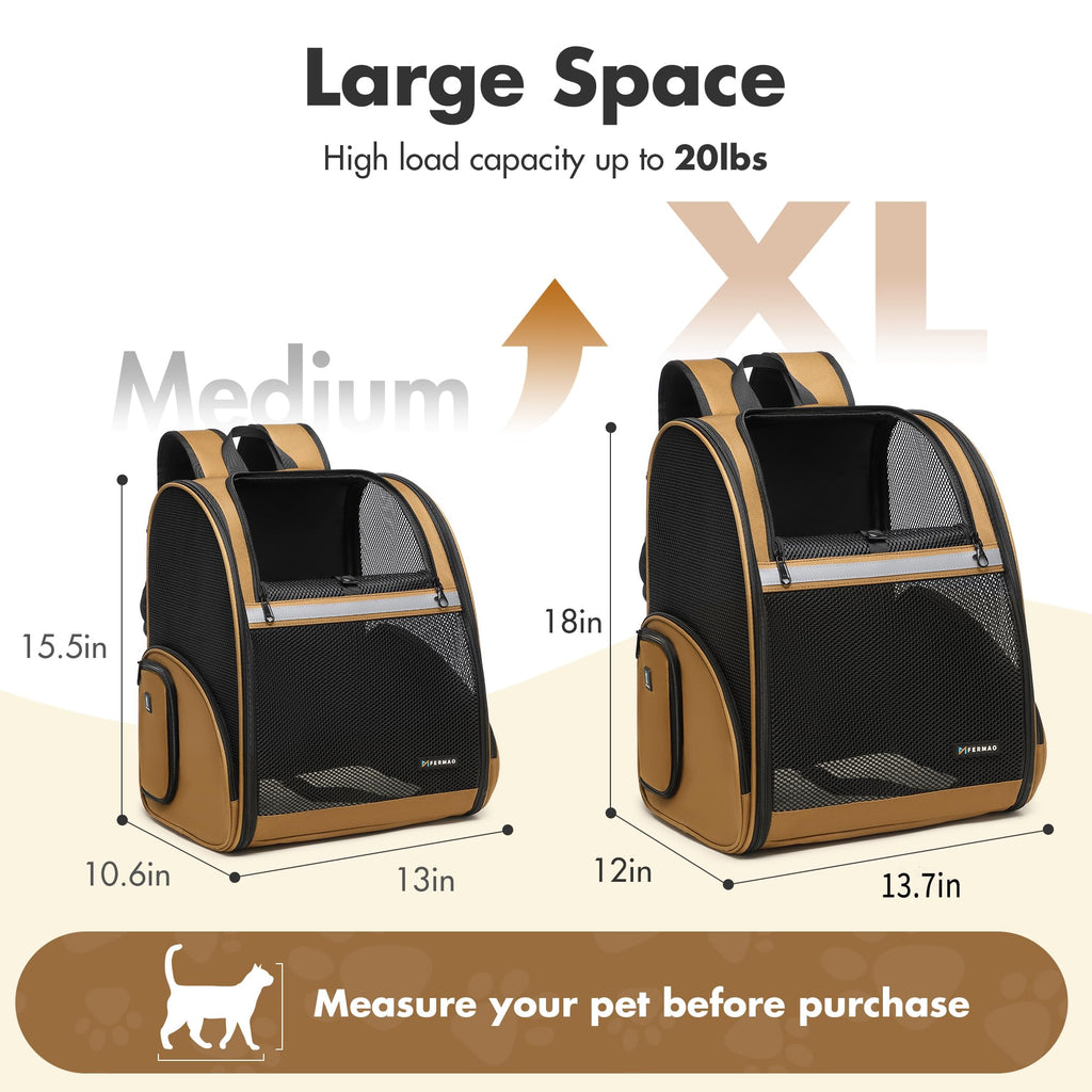 FERMAO Pet Backpack Carrier, Large Cat Carrier Backpack Up to 20 Lbs with Breathable Mesh, for Medium Large Cats or Small Dogs, Travel Hiking Camping Backpack (Brown-XL)