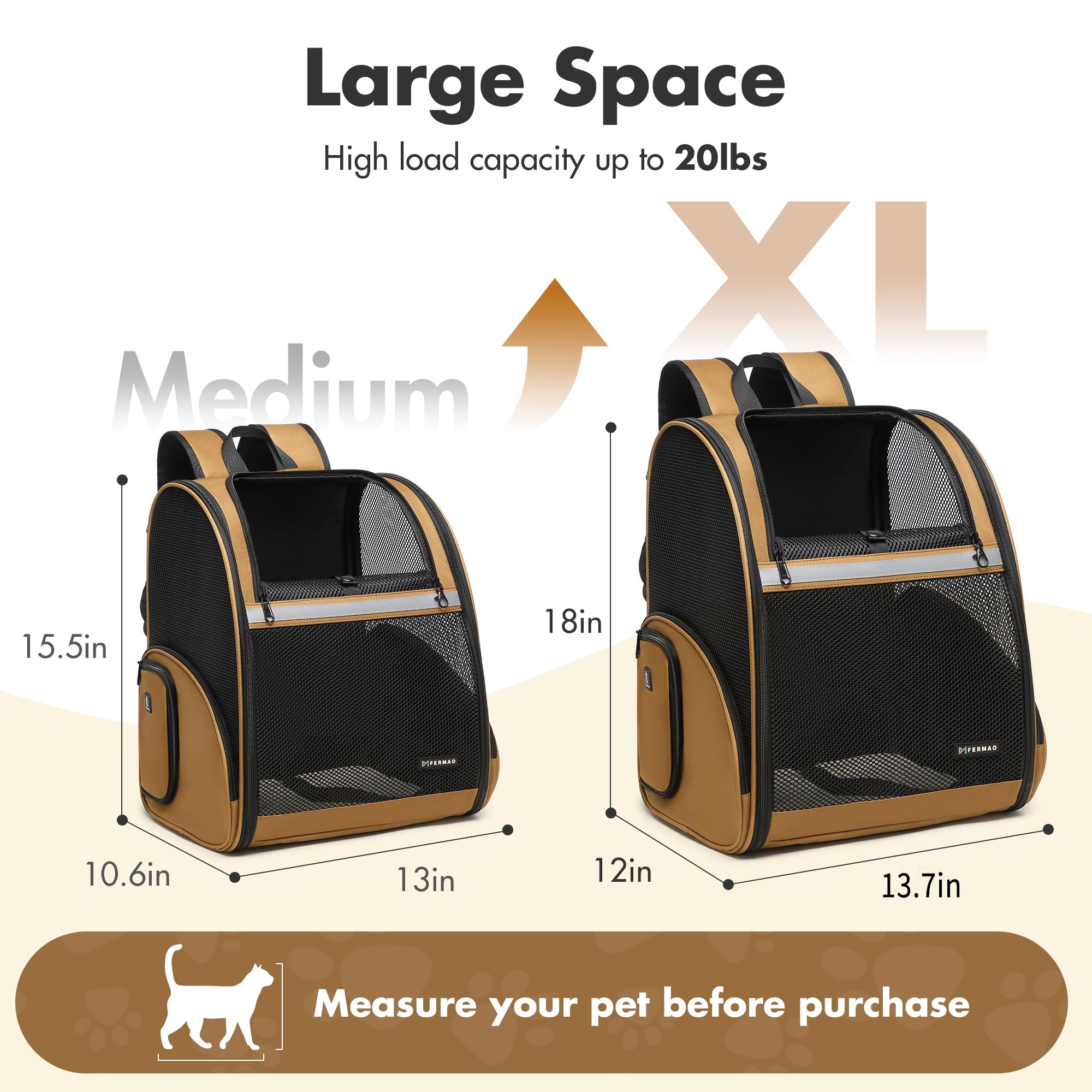 FERMAO Pet Backpack Carrier, Large Cat Carrier Backpack Up to 20 Lbs with Breathable Mesh, for Medium Large Cats or Small Dogs, Travel Hiking Camping Backpack (Brown-XL)