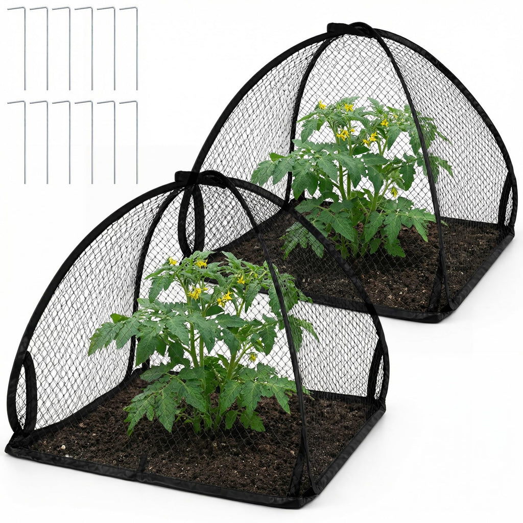 DECOHS 2 Pcs Pop-Up Mesh Plant Cover Tent, 22 x 22 x 22 Inch Garden Net Cage Guard Cover, Plant Protector Enclosure with 12 Ground Stakes for Protecting Plants Vegetable Fruit from Birds Insects