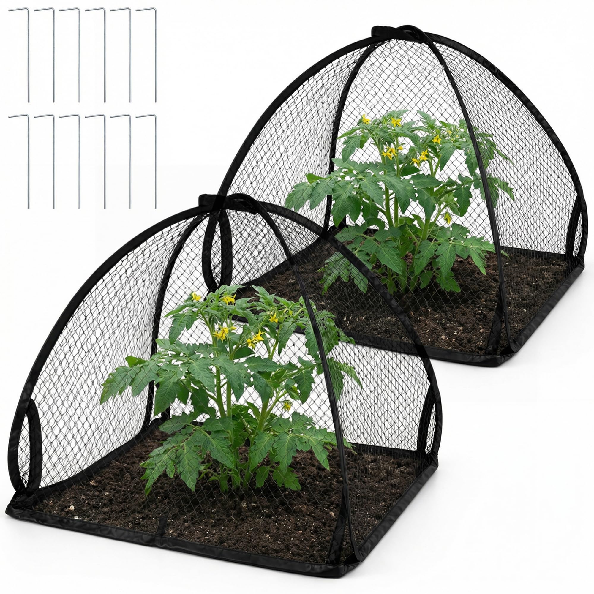DECOHS 2 Pcs Pop-Up Mesh Plant Cover Tent, 22 x 22 x 22 Inch Garden Net Cage Guard Cover, Plant Protector Enclosure with 12 Ground Stakes for Protecting Plants Vegetable Fruit from Birds Insects
