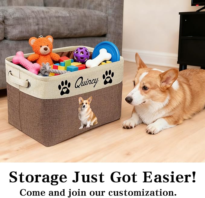 Personalized Dog Toy Storage Basket Custom Dog Name Photo Cat Pet's Gift Baskets Collapsible Organizer Box Foldable Storage Basket with Handle for Toys, Coats, Clothing, Blankets, Blue