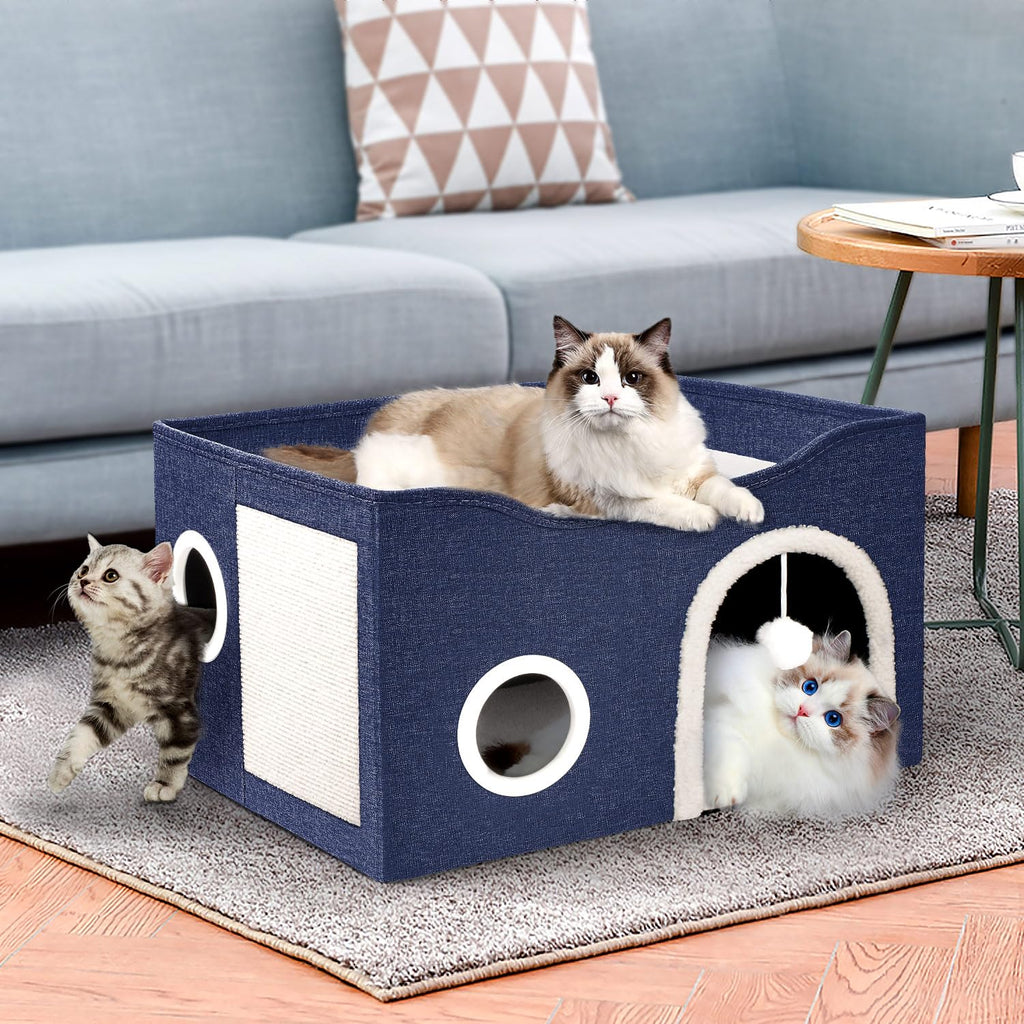 Heeyoo Cat House for Indoor Cats - Large Cat Bed Cave with Fluffy Ball and Scratch Pad, Foldable Cats Houses & Condos, Cat Hideaway, Covered Kitty Bed for Multi Small Large Kitty, 23.8x15.9x13.2 Inch