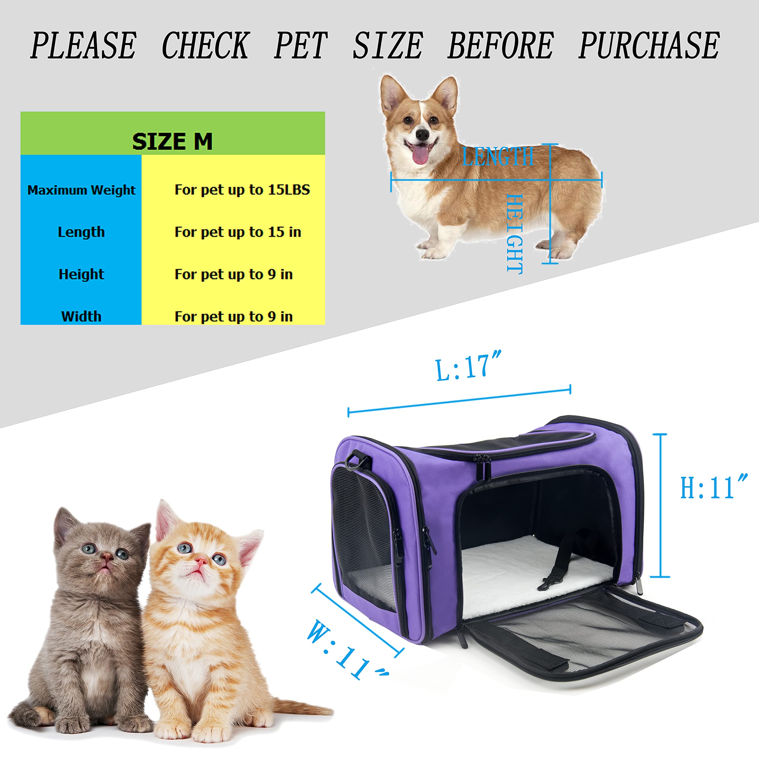NextFri Soft Sided Carrier for Small Medium Cats Dogs,TSA Airline Approved Collapsible Travel Pet Carrier Medium Purple