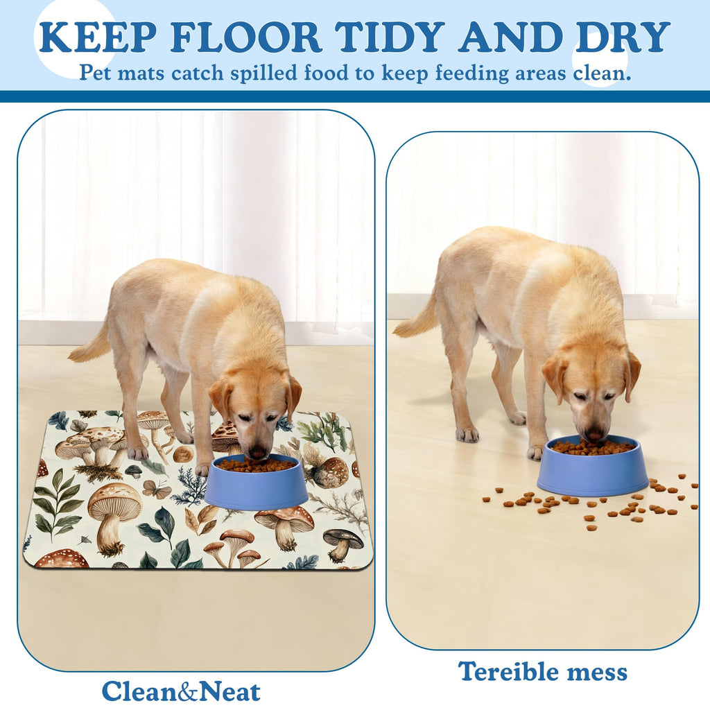 Vintage Mushroom Floral Dog Cat Food Mat–Absorbent Waterproof Placemat for Food and Water Bowls, Non Slip Rubber Backing, Feeding Mat for Clean Floors 12"x20"