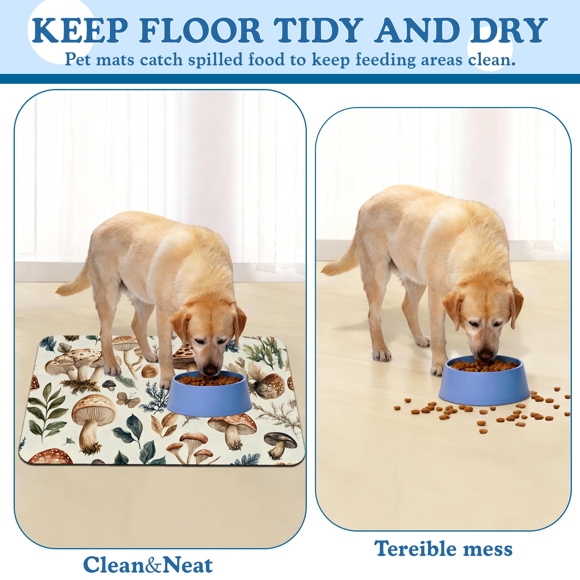 Vintage Mushroom Floral Dog Cat Food Mat–Absorbent Waterproof Placemat for Food and Water Bowls, Non Slip Rubber Backing, Feeding Mat for Clean Floors 12"x20"
