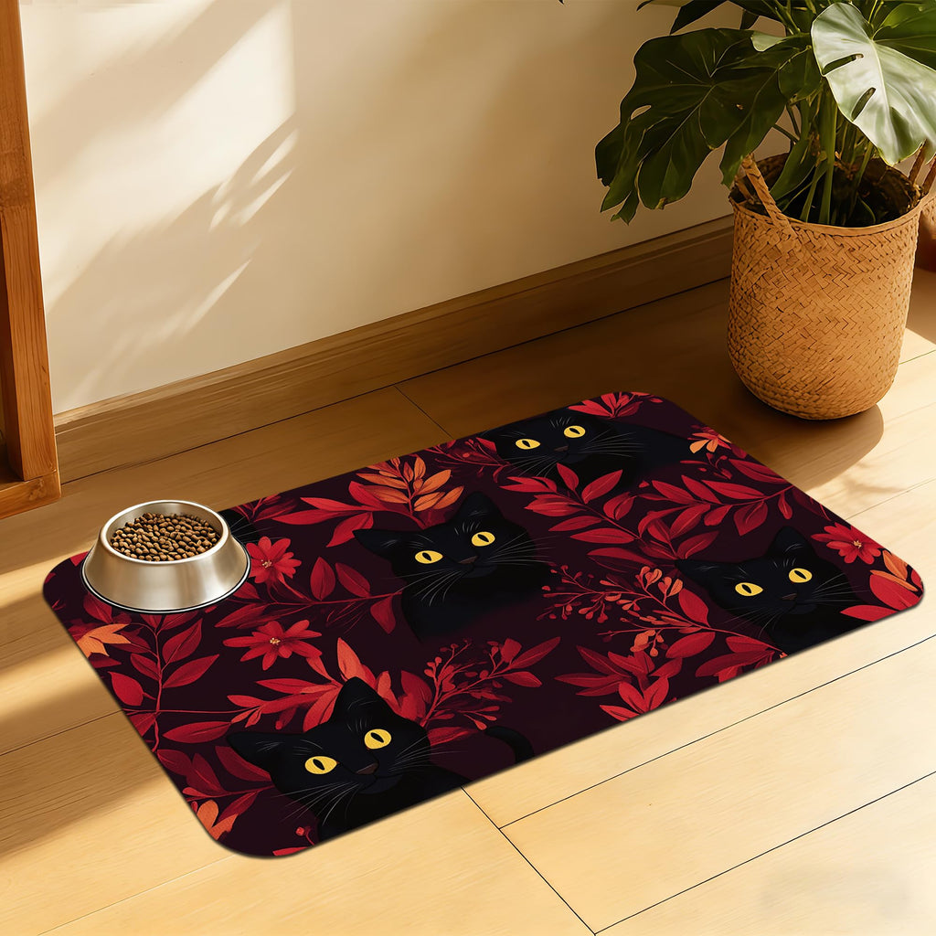 Black Cat Forest Pet Feeding Mat, Fast-Dry Absorbent Dog and Cat Bowl Mat, Waterproof Non-Slip Base for Messy Eaters, Indoor Pet Accessories – 16x24 Inch