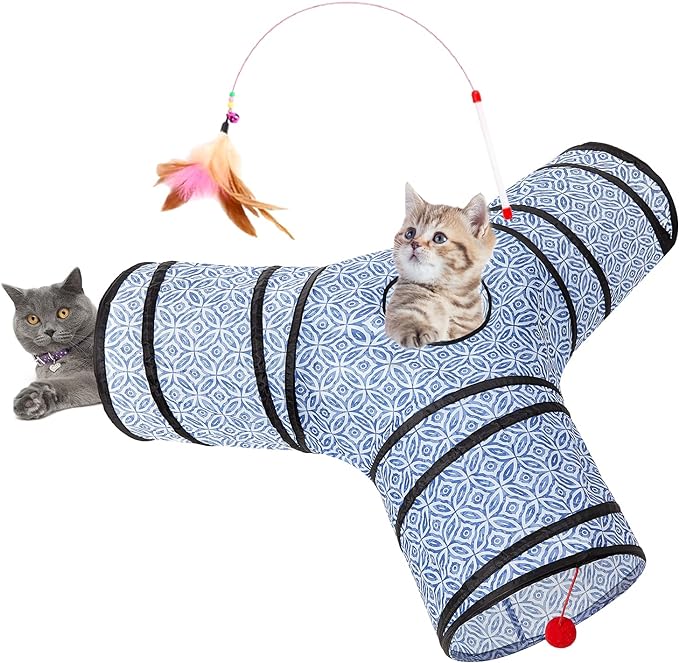 Tempcore Cat Tunnel for Indoor Cats, 3 Way Collapsible Pet Play Tunnel with Teaser Wand, Peek Holes & Hanging Ball, Interactive Tube for Kittens & Rabbits