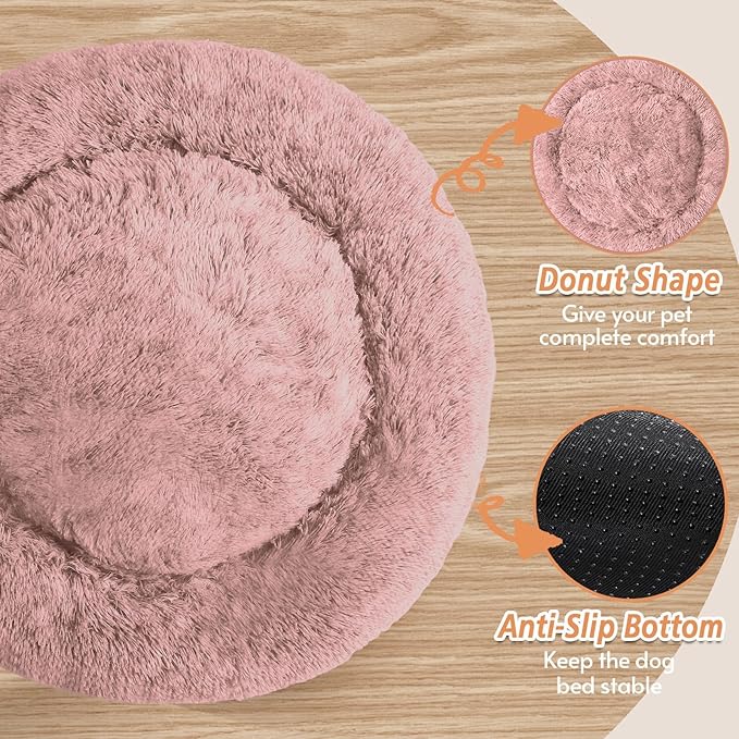 JOLLYVOGUE Calming Small Dog & Cat Bed for Indoor Cats - 20 inches Washable Donut Bed for Kittens & Puppies, Anti-Anxiety Round Fluffy Plush Pet Beds (Fits up to 15 lbs, Dark Pink)