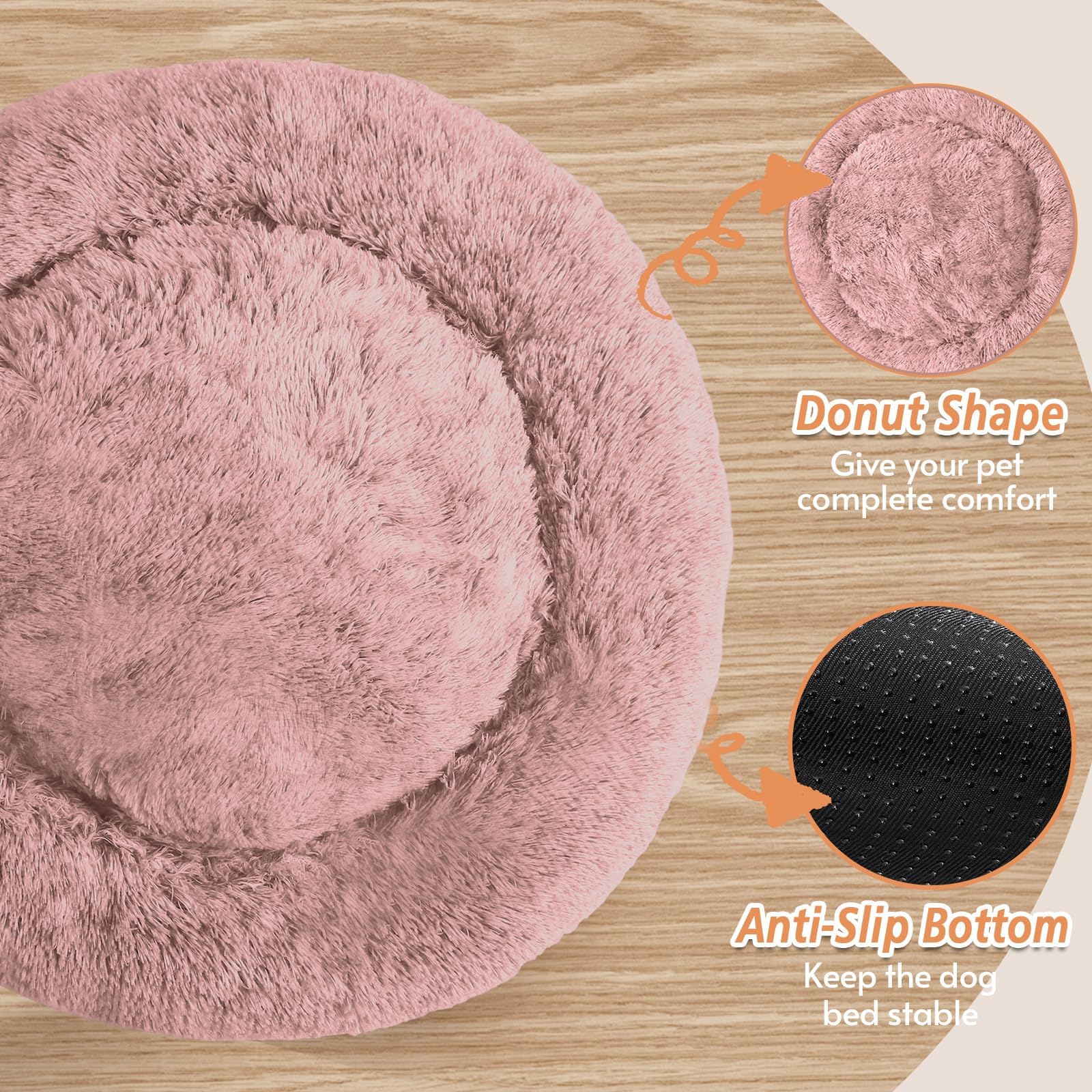 JOLLYVOGUE Calming Dog Bed Medium Size Dog, Anti-Anxiety Donut Medium Pet Bed, 27 inches Fluffy Faux Fur Round Cat Bed (Dark Pink)