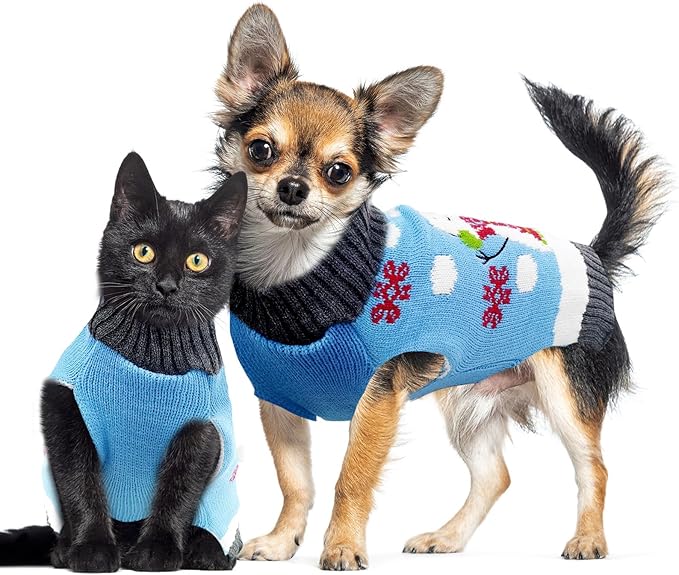 Pet Christmas Dog Sweaters Cute Animal Snowman Printed Puppy Xmas Costumes Winter Warm Turtleneck Jumpers Puppy Knitted Clothes Cat Outfits (L, Blue Snowman)