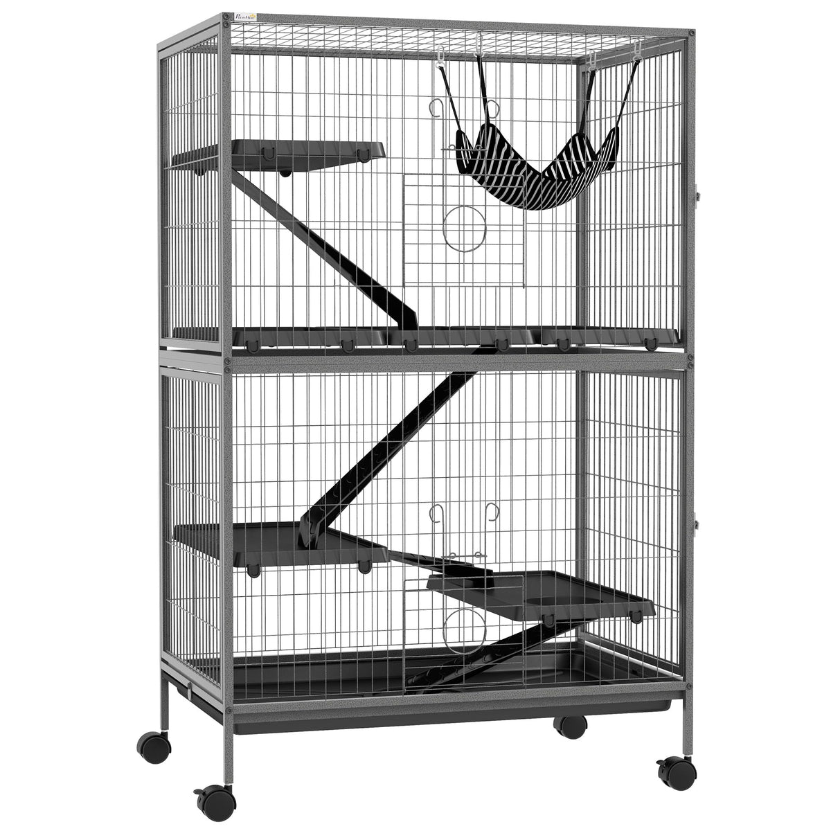 PawHut Metal Small Animal Cage, 5-Tiers Rolling Big Ferret Cage, Gray