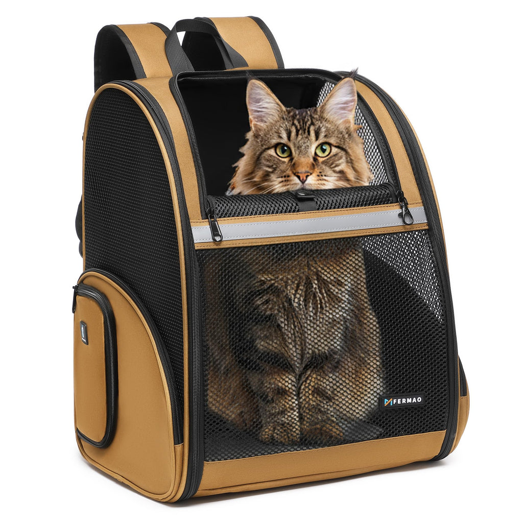 FERMAO Pet Backpack Carrier, Large Cat Carrier Backpack Up to 20 Lbs with Breathable Mesh, for Medium Large Cats or Small Dogs, Travel Hiking Camping Backpack (Brown-XL)
