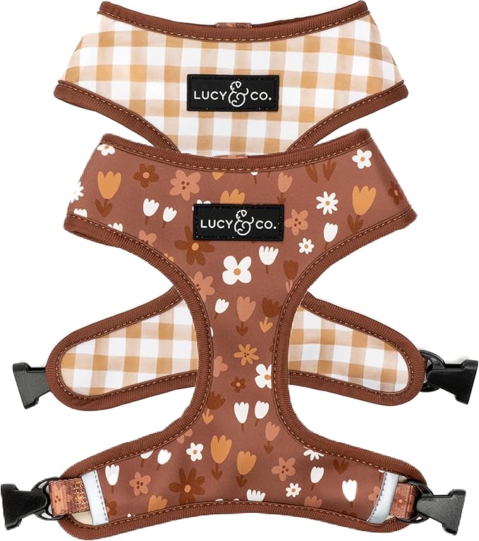 Lucy & Co. Reversible Dog Harness - Water-Repellent Neoprene, Dual-Print Design, Easy Swap Style, Adjustable Comfort Fit - Chocolate Meadows Reversible Harness - Medium