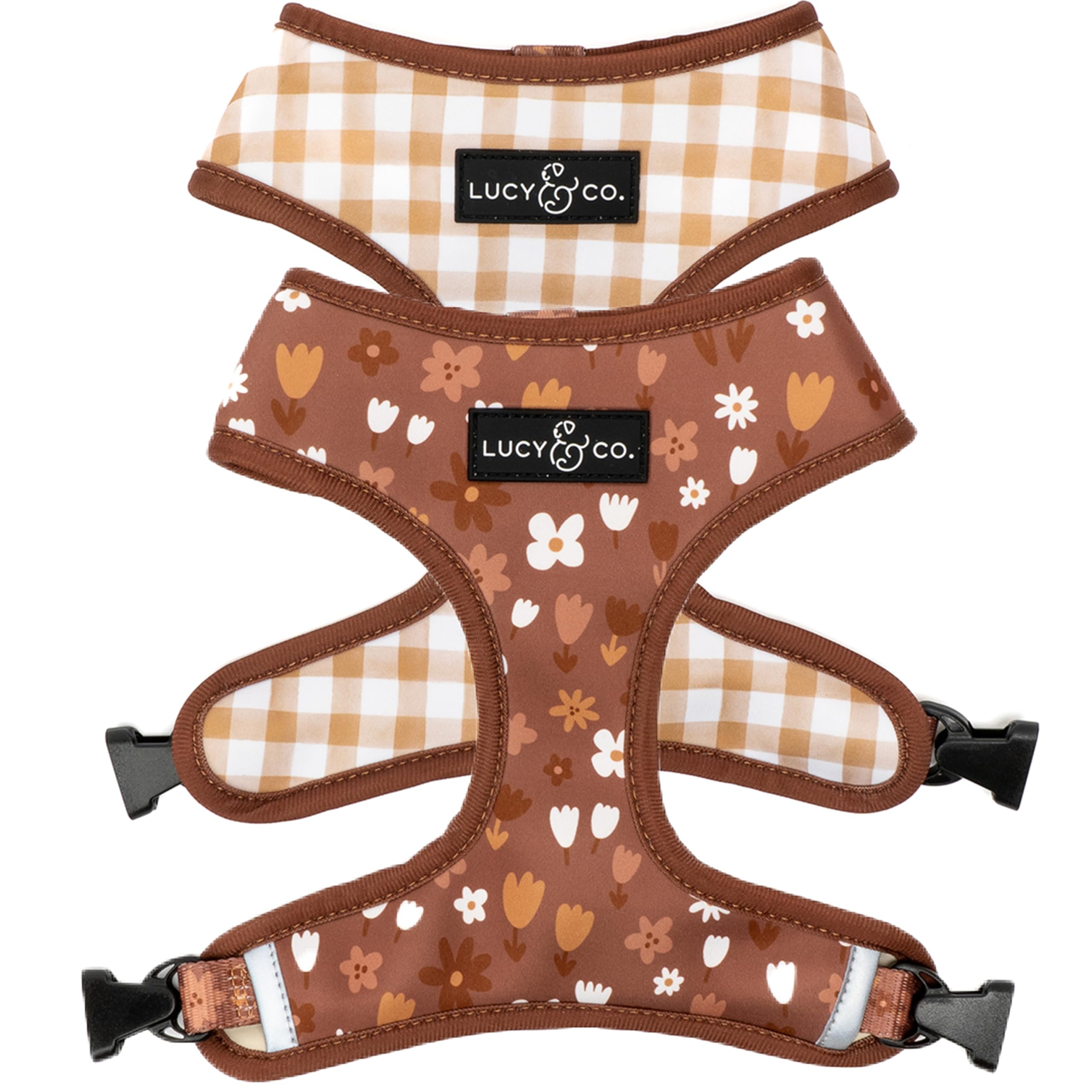 Lucy & Co. Reversible Dog Harness - Water-Repellent Neoprene, Dual-Print Design, Easy Swap Style, Adjustable Comfort Fit - Chocolate Meadows Reversible Harness - X-Large