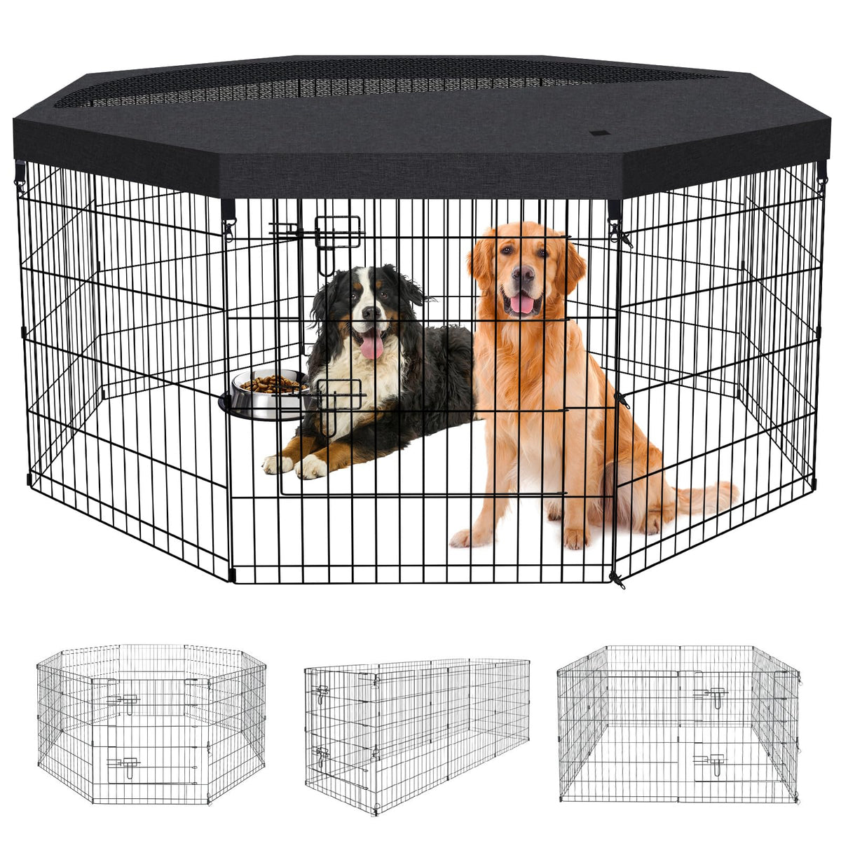 36"H Dog Playpen with Top Cover, 8 Panel 24"W Rustproof Metal Pen with Door