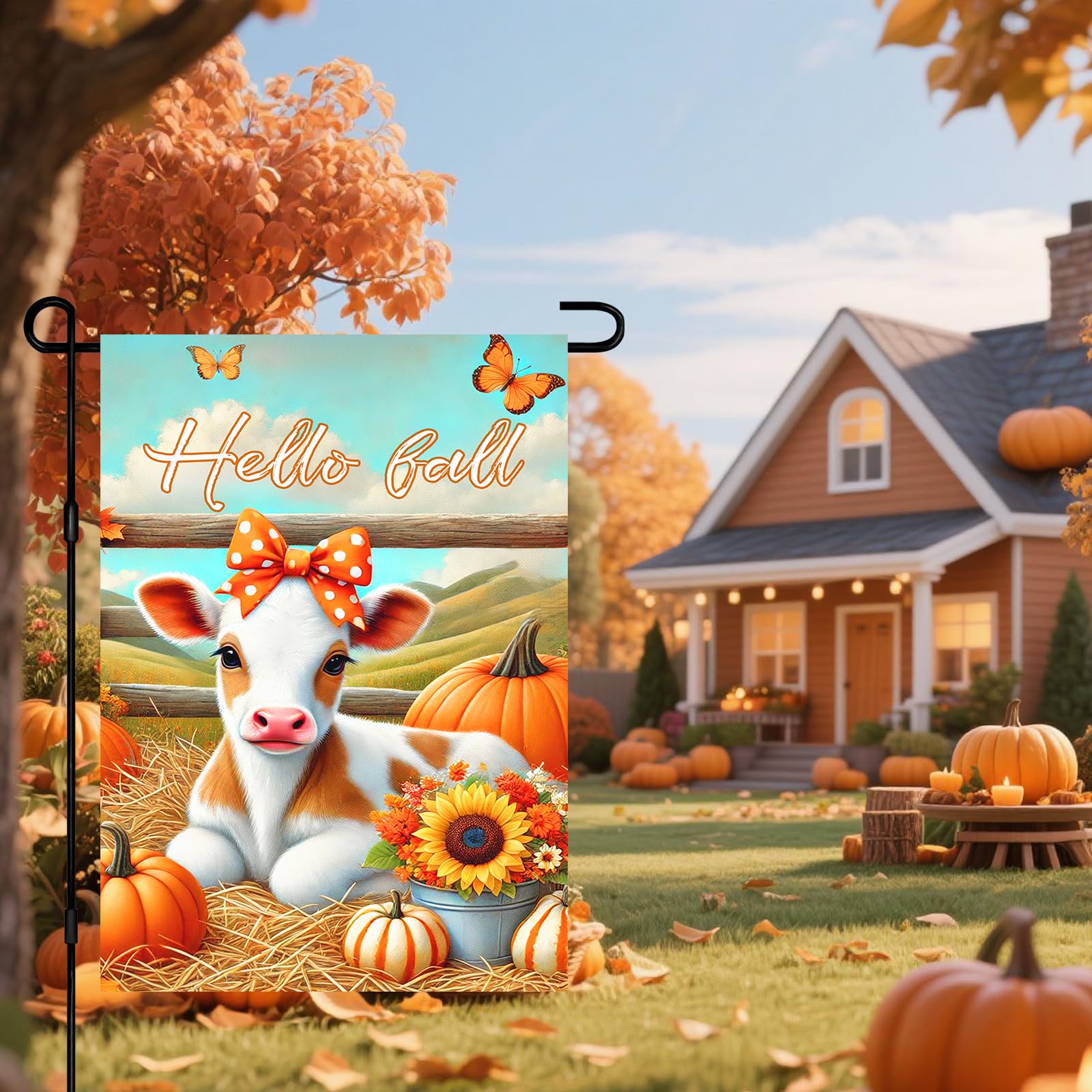 BlissYard Hello Fall Garden Flag 12x18Inch Calf Pumpkins Decor