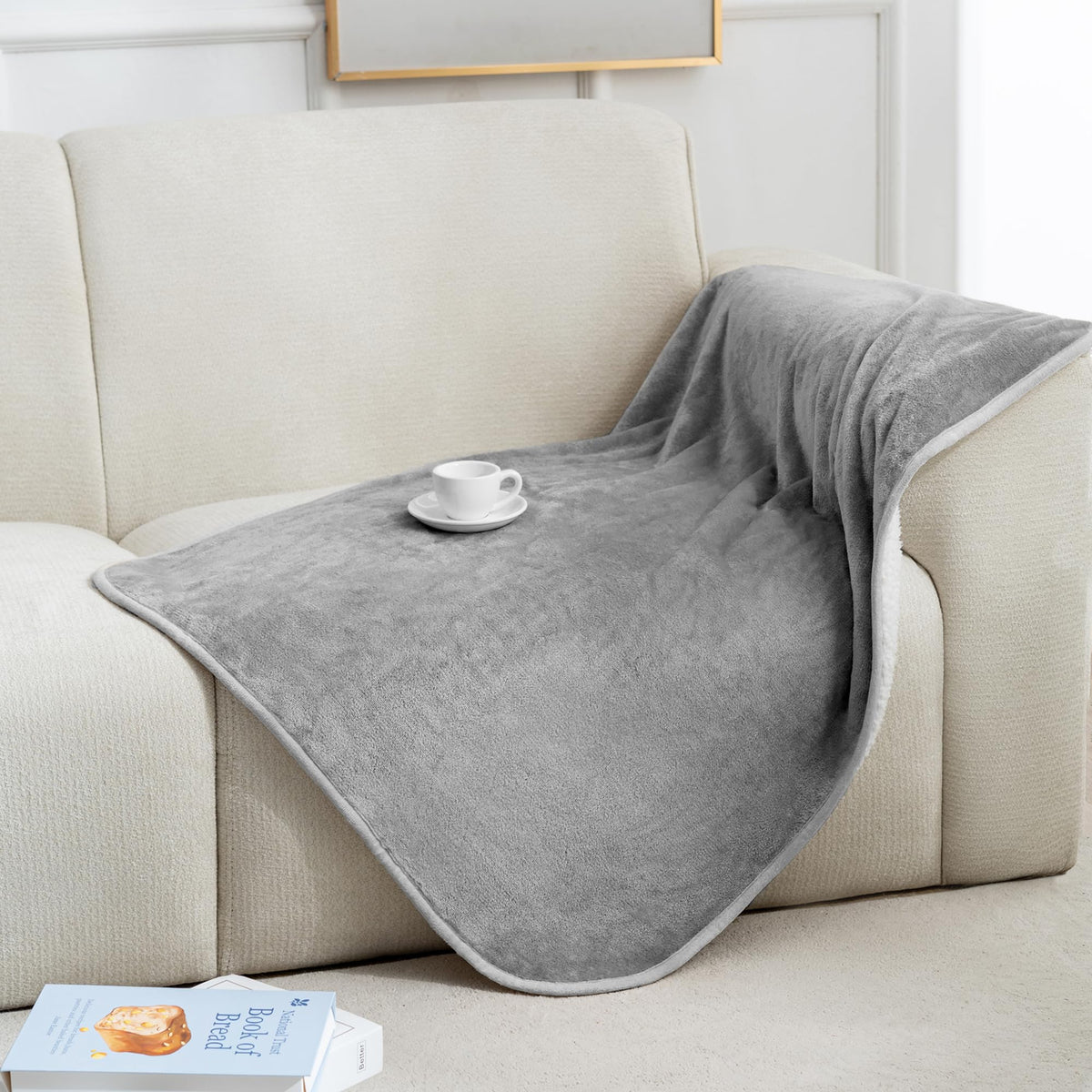 gogobunny Waterproof Bed Blanket, Reversible Sherpa Fleece Throw Blanket for Dog Puppy Cat, Furniture Cover Protects Bed Couch Sofa from Liquid Pee and Pet Fur (Cream, 90x108 inches)