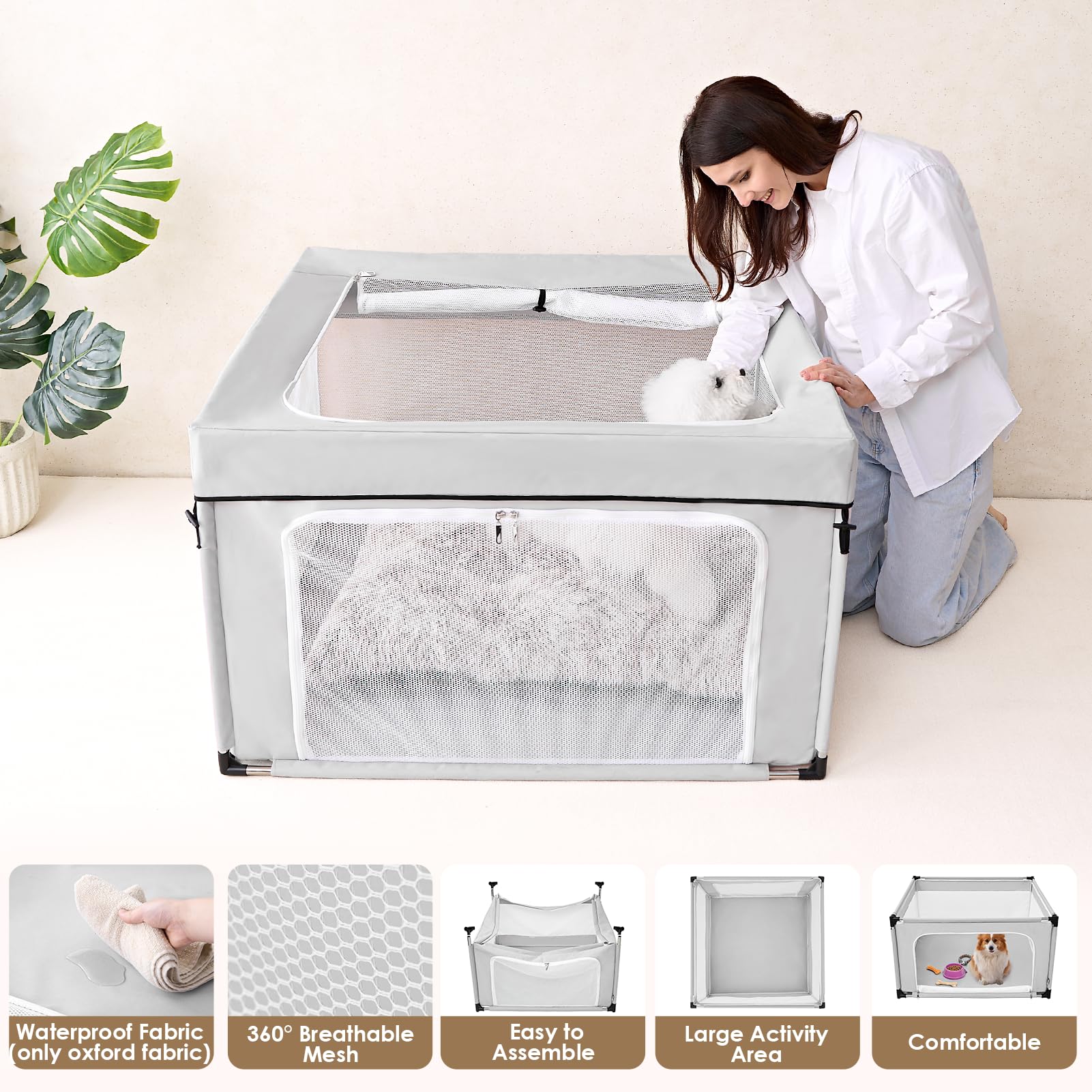 EHEYCIGA 42x42x26 Dog Playpen with Top Cover for Dogs & Cats, Sliver Grey