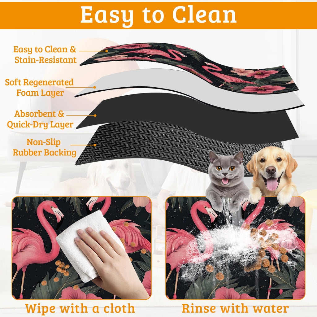 Pet Feeding Mat,Pink Flamingo Absorbent Dog Cat Food Mat Palm Leaves Dog Mat with Rubber Backing,Non-Slip Water Bowl Placemat,Pet Supplies 16" x 24"