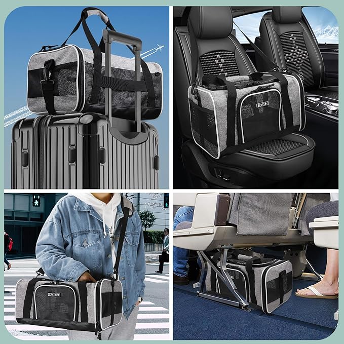 Petskd Pet Carrier 17x13x9.5 Southwest Airline Approved,Pet Travel Carrier Bag for Small Cats and Dogs, Soft Dog Carrier for 1-15 LBS Pets,Dog Cat Carrier with Safety Lock Zipper (Grey)