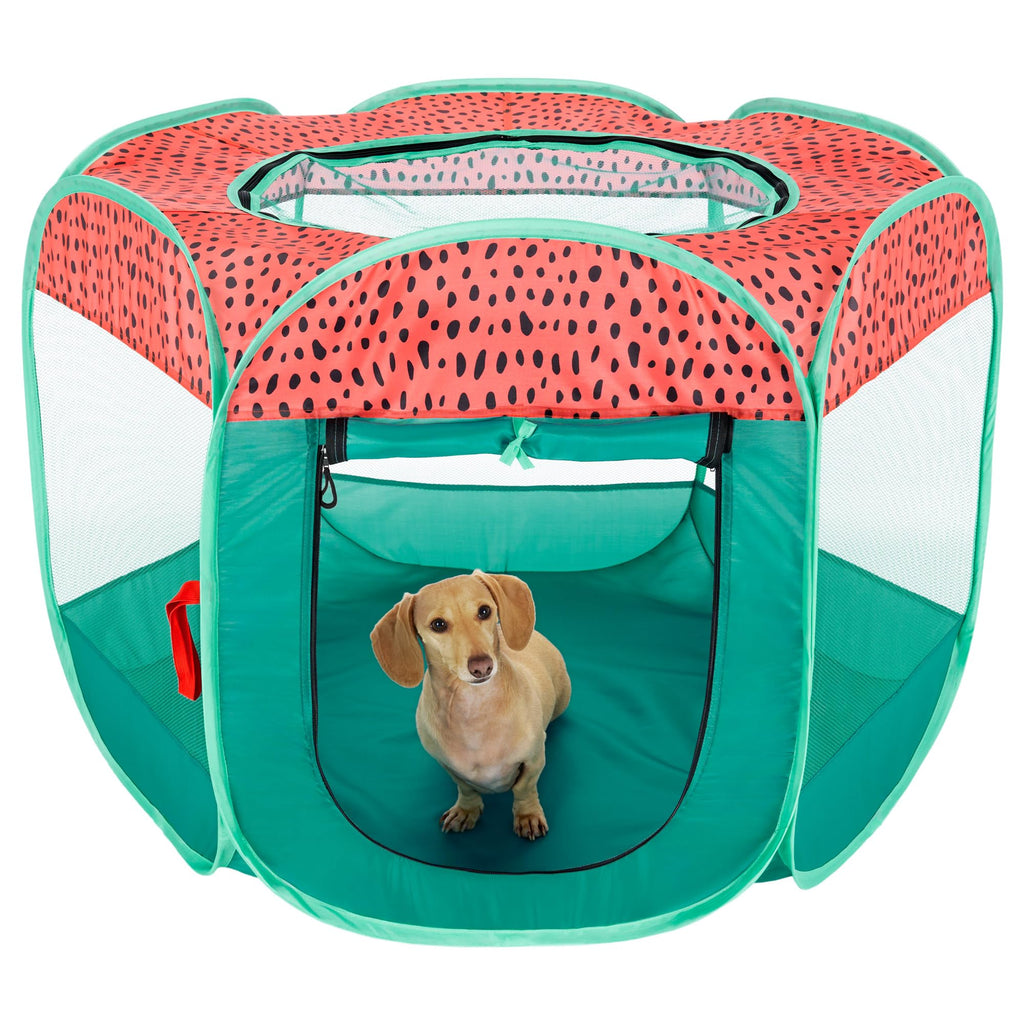 Furhaven Portable Dog Playpen Cat Tent, Pet Playground,Kennel Foldable Indoor Outdoor Zippered Puppy Crate - Green & Pink, Medium