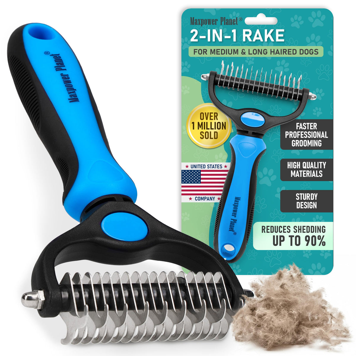 Maxpower Planet Pet Grooming Brush - Double Sided Dematting Undercoat Rake for Dogs and Cats, Extra Wide Pet Brush to Reduce Shedding by 95% (Blue, S)