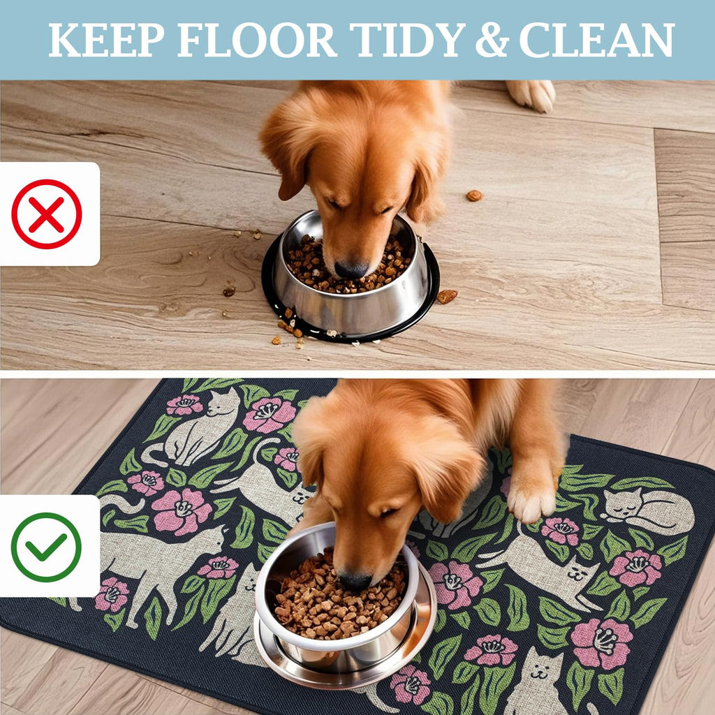 SHIYUE Dog Food Mats for Floors, Absorbent Cat Bowl for Food and Water, Non-Slip Accessories Pet Supplies(16"x24",Black Animal Flower)