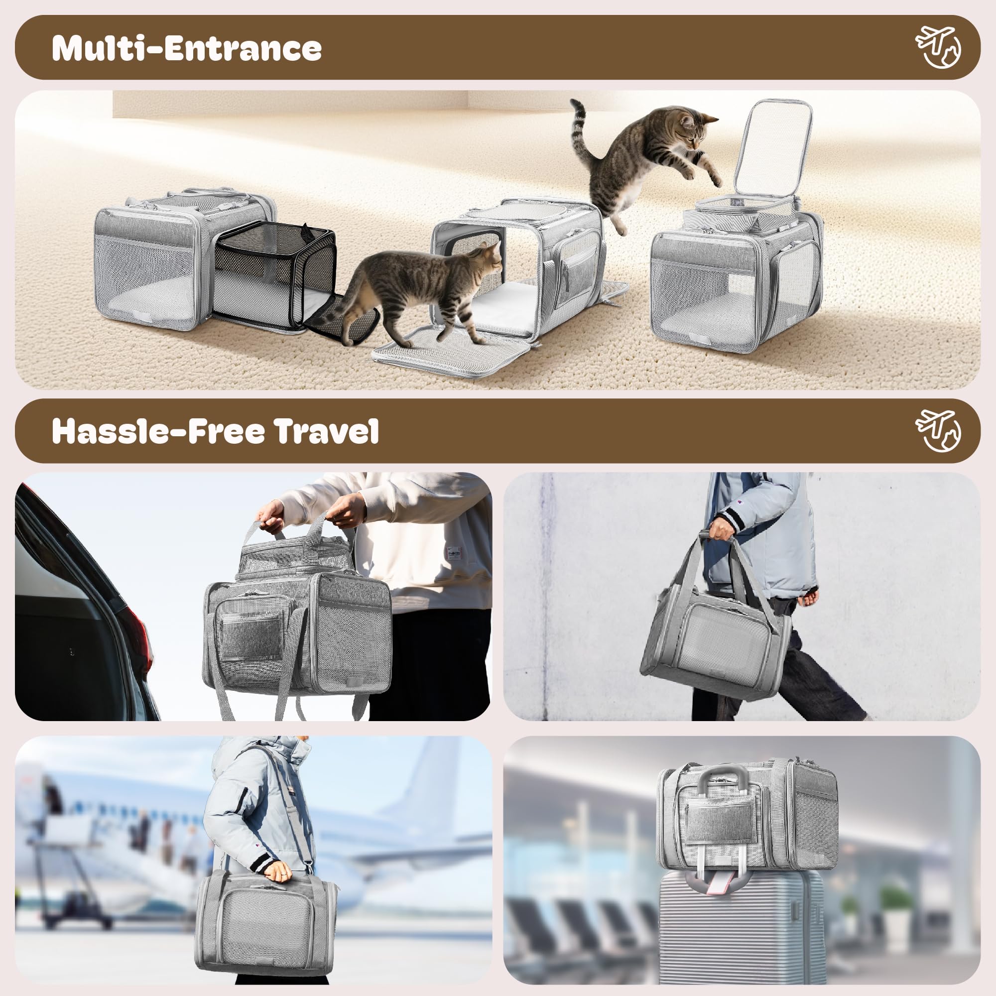 Top and 2 Sides Expandable Cat Carrier 17x11x11 TSA Airline Approved