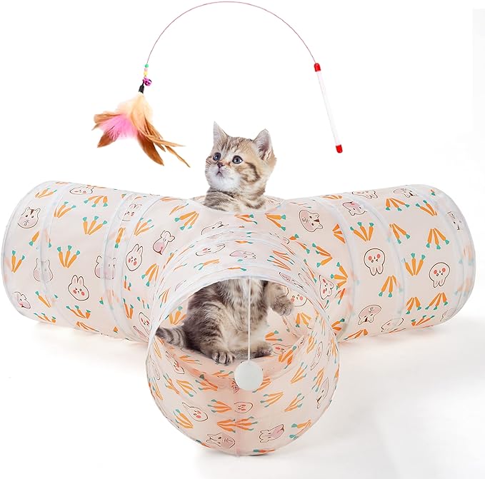 Tempcore Cat Tunnel for Indoor Cats, 3 Way Collapsible Pet Play Tunnel with Teaser Wand, Peek Holes & Hanging Ball, Interactive Tube for Kittens & Rabbits