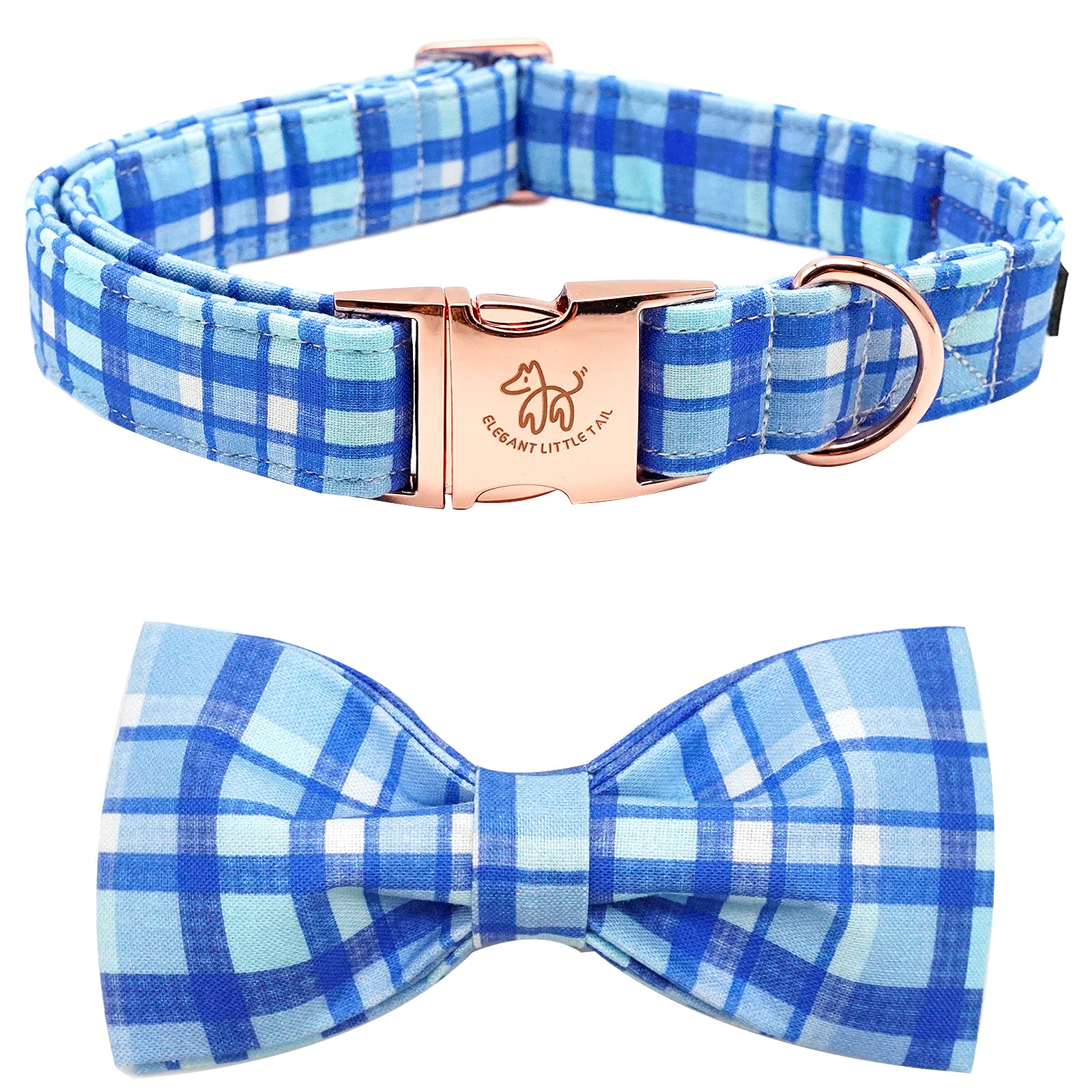 Elegant little tail Dog Collar with Bow - Blue Plaid Boy Dog Collar Cute Bowtie Pet Collar Adjustable Dog Collar for Small Puppy and Dog