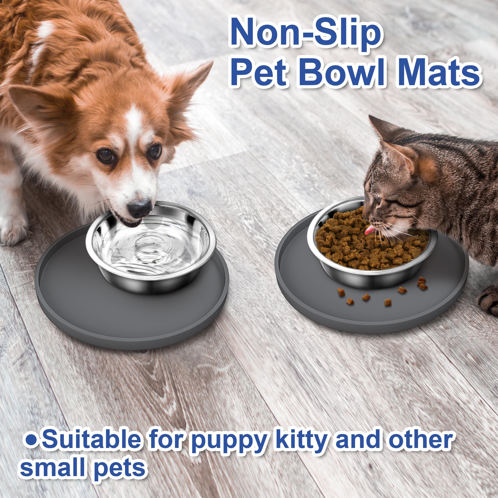 Arespark Cat Food Mat, Set of 2 Nonslip Waterproof Feeding Bowl Silicone Mats with Raised Edges for Food Water Prevent Spills, Round Eating Plates Tray for Dog Cat Puppy Kitten, 8'' x 8''