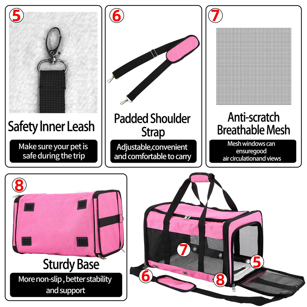 Soft Sided Cat/Dog Carrier,Collapsible Pets Travel Carriers for Pet/Puppy with Shoulder Strap & Removable Mat,Mesh Top Load Small Dogs/Cats Carry Bag Up to 25 Lbs（Pink,L）