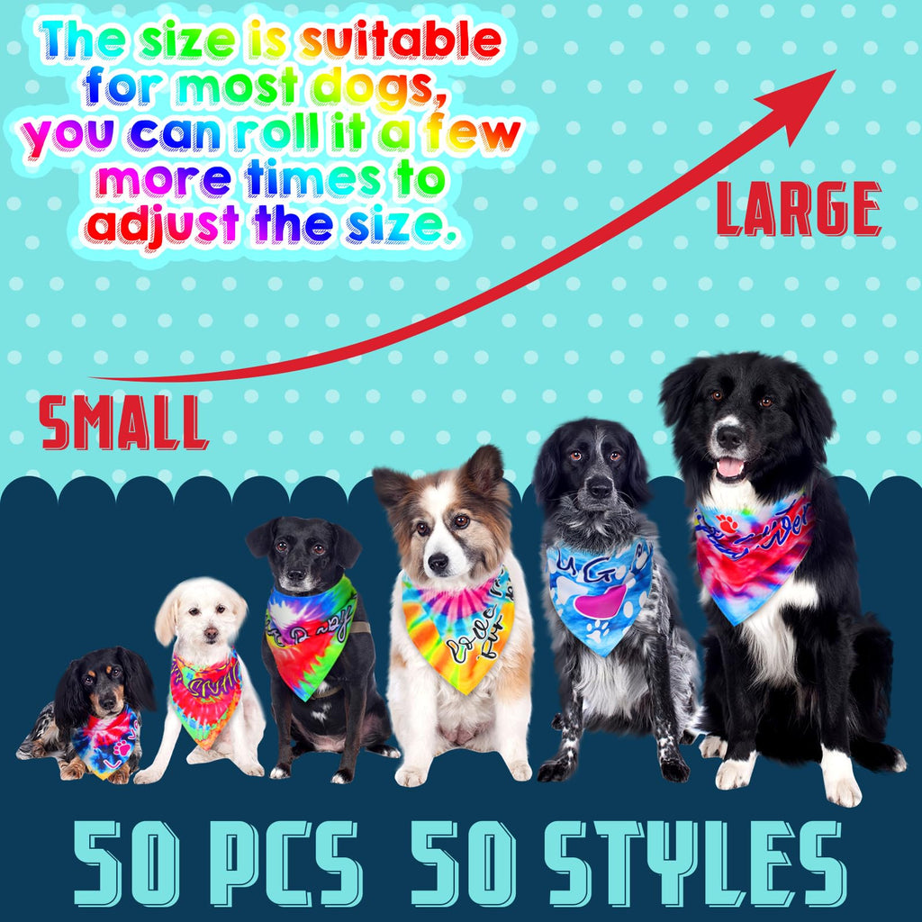 Huhumy 50 Pcs Tie Dye Dog Bandanas Bulk Pet Bibs Colorful Triangle Scarf Tie Dye with Sayings Pet Bandanas for Medium Large Dogs Spring Summer Birthday Costume Decor