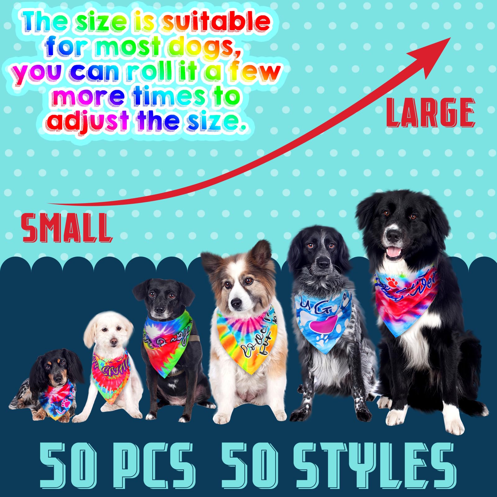 Huhumy 50 Pcs Tie Dye Dog Bandanas Bulk Pet Bibs Colorful Triangle Scarf Tie Dye with Sayings Pet Bandanas for Medium Large Dogs Spring Summer Birthday Costume Decor