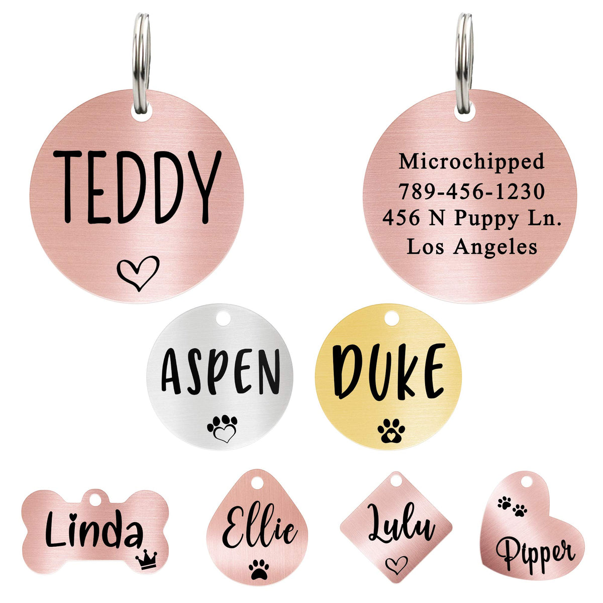 Ultra Joys Custom Personalized Pet ID Tag - Brushed Stainless Steel Heart in Rose Gold, Large