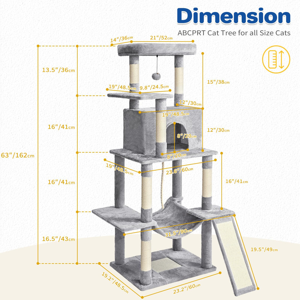 ABCPET 63" Multi-Level Cat Tree Tower for Indoor Cats, Light Grey