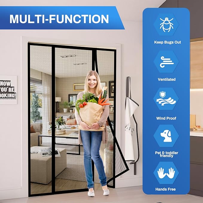LONGEAS Magnetic Screen Door Upgraded PET Mesh Stronger Than Fiberglass and Polyester,Hands Free,Keeps Bugs Out,Pet & Kid Friendly,Suitable for Sliding Door,Large Patio Door and French Door-60''x96''