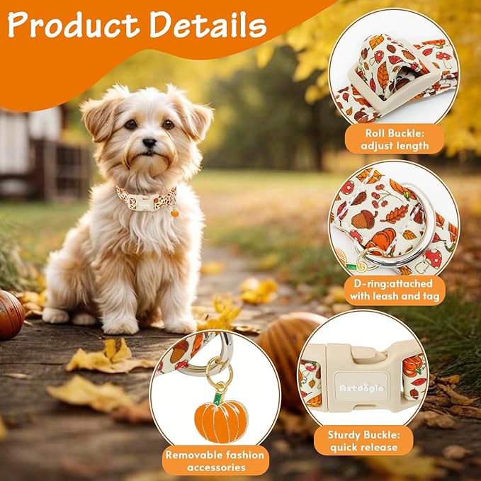 Astdogio Fall Dog Collar – Halloween & Thanksgiving Dog Collars for Small Dogs – Soft & Comfortable Autumn Puppy Collar with Quick Release Buckle, Small Dog Collars for Girl Boy Dogs-S