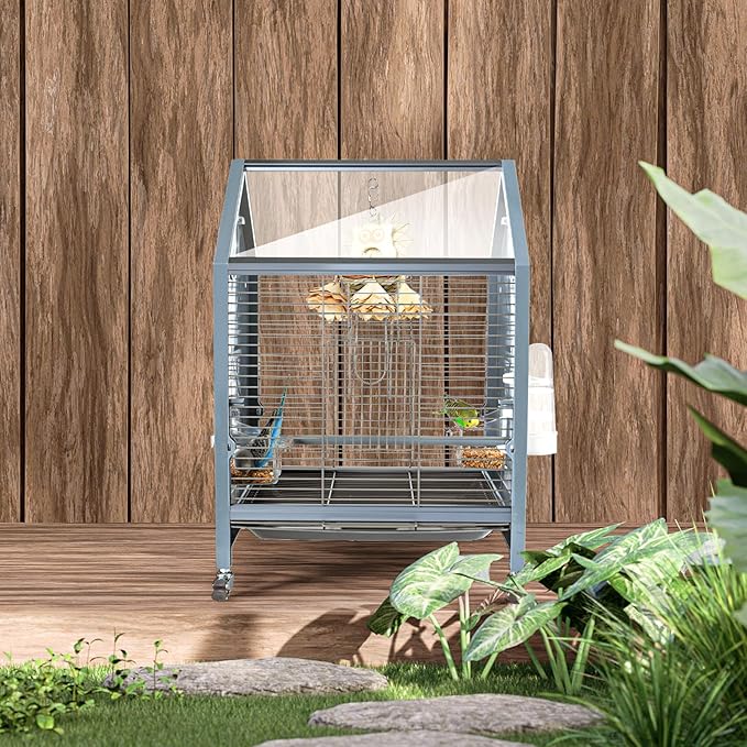 SUKEOPET Acrylic Bird Cage, 25 inch Medium Parrot Cage for Parakeet Cockatiel Conure Lovebird, Panoramic View Bird Cage with Water Bottle Bird Feeder Perch Rolling Stand