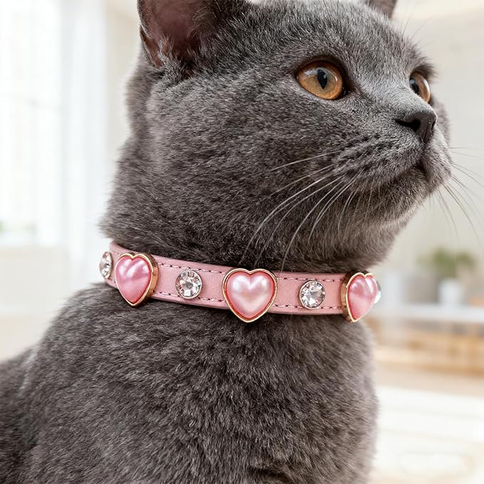 EXPAWLORER Leather Cat Collar for Girl Boy Cats,Pink(Heart Diamond Rivet)