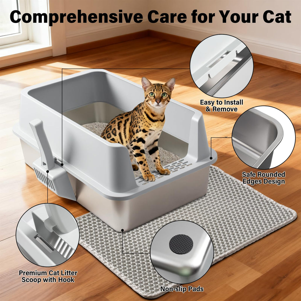FUTAM Stainless Steel Litter Box, XL Metal Litter Box with Lid
