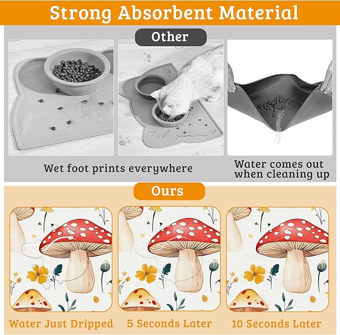 Pet Feeding Mat,Mushroom Absorbent Dog Cat Food Mat Flowers Dog Mat with Rubber Backing,Non-Slip Water Bowl Placemat,Pet Supplies 16" x 24"